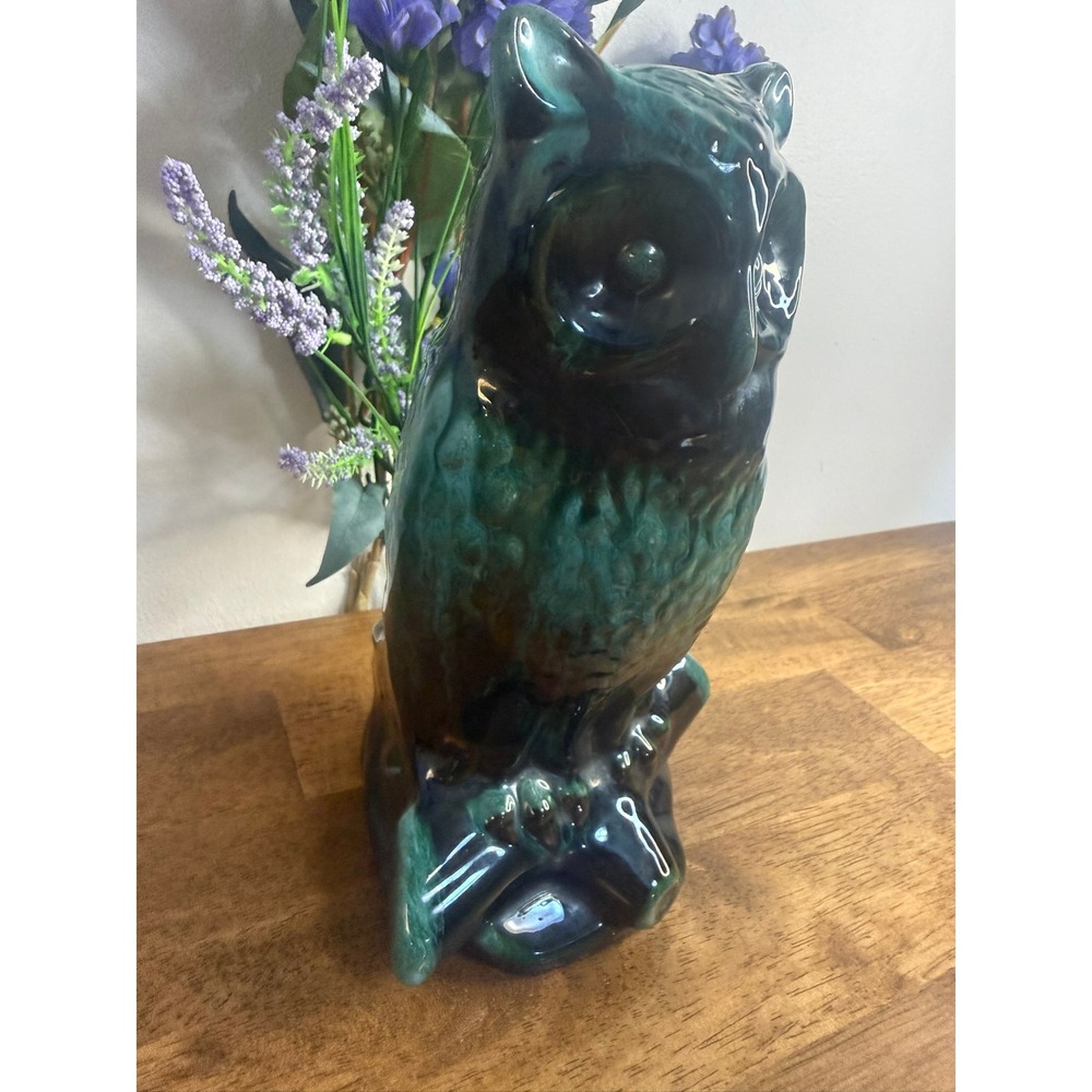 Large Vintage MCM Owl Ceramic Vase Planter Green Black Drip Glaze Pottery - Picture 4 of 10